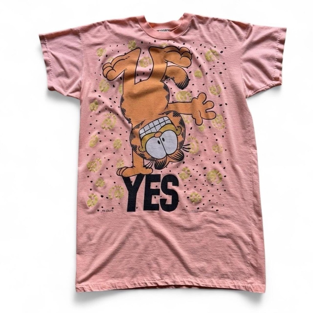Vintage 70s Jim Davis Garfield Single Stitch Yes Paw Print Peach Graphic T-shirt